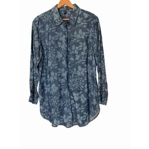 NYDJ | Blue Silk Abstract Floral Button Front Long Sleeve Blouse Top | Large